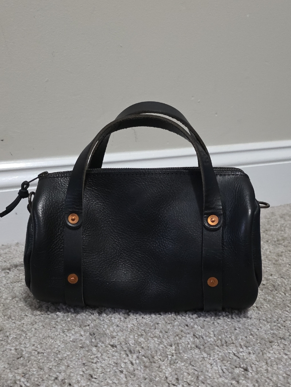 Go Forth Goods Genuine Leather Baby Jane Black Bison Barrel Bag 10 Year